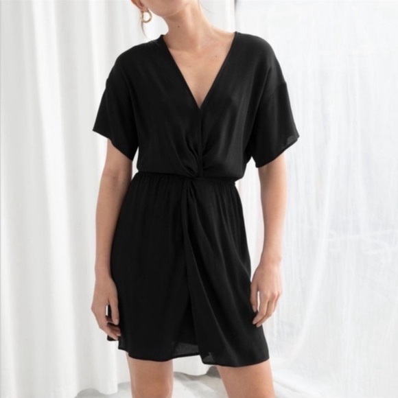 NWT & Other Stories Twist Front Knot Black V-Neck Mini Dress Size US 6 - Picture 1 of 7